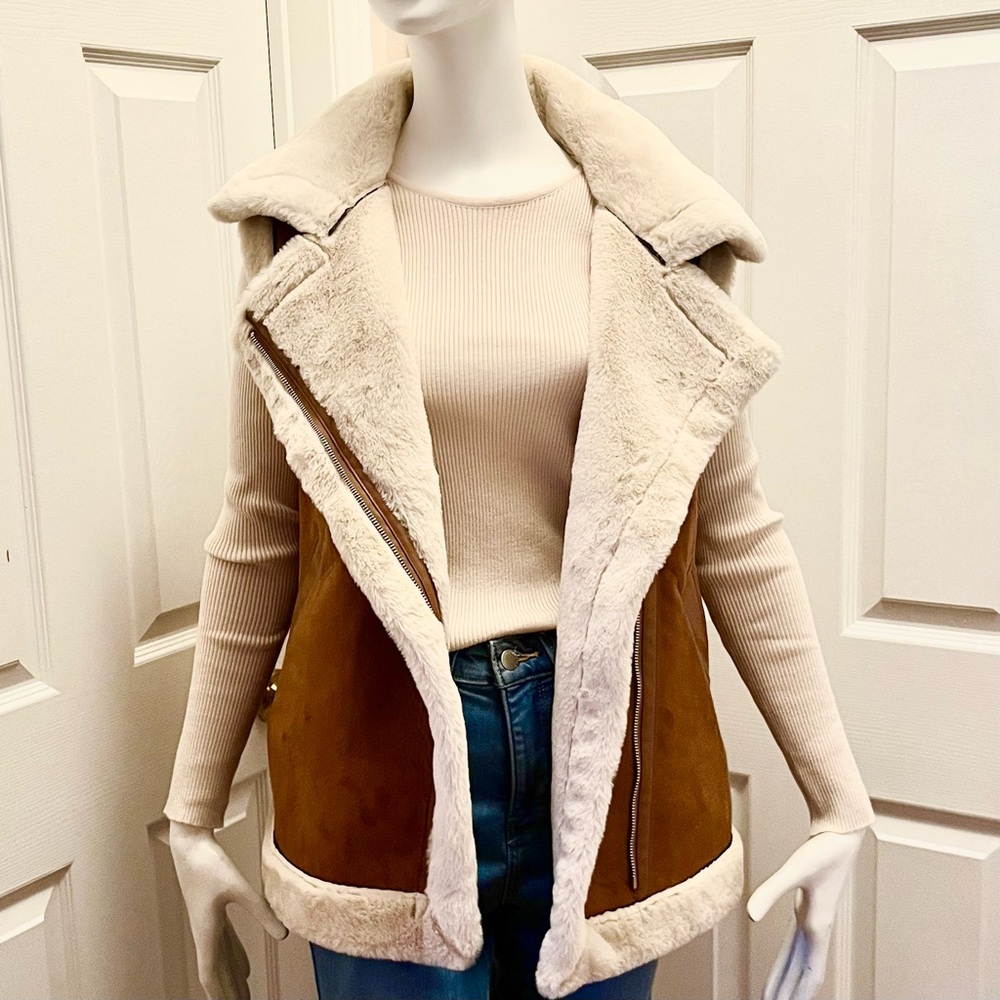 Faux Suede Shearling Style Vest  Brown Size M NWT